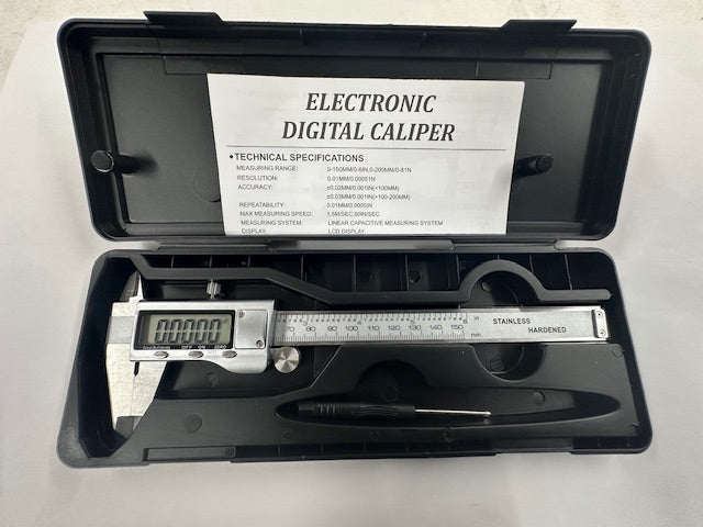 6” Electronic Digital stainless caliper with LCD display screen for easy reading.