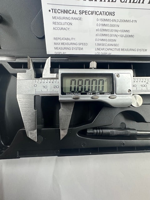 6” Electronic Digital stainless caliper with LCD display screen for easy reading.